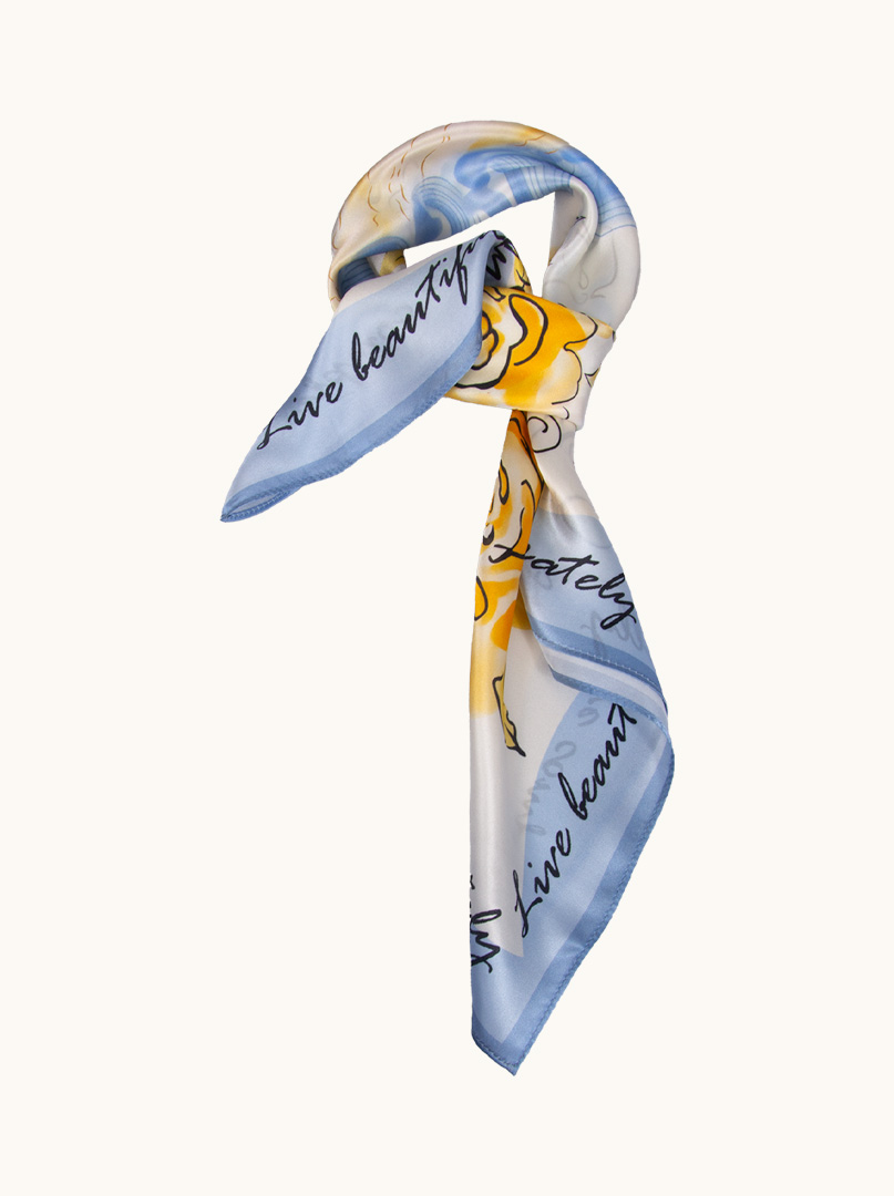 Silk scarf with blue border with flower motif 65 cm x 65 cm image 4