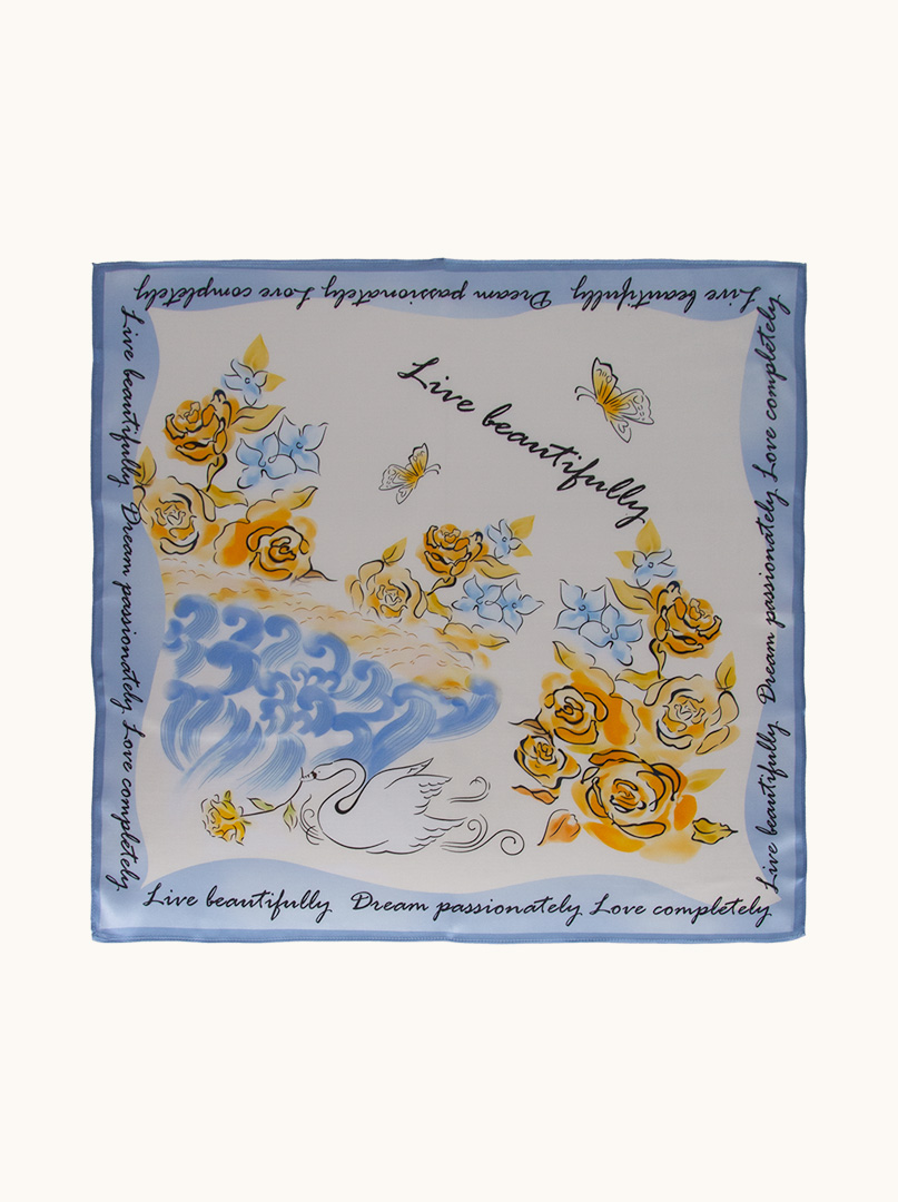 Silk scarf with blue border with flower motif 65 cm x 65 cm image 1