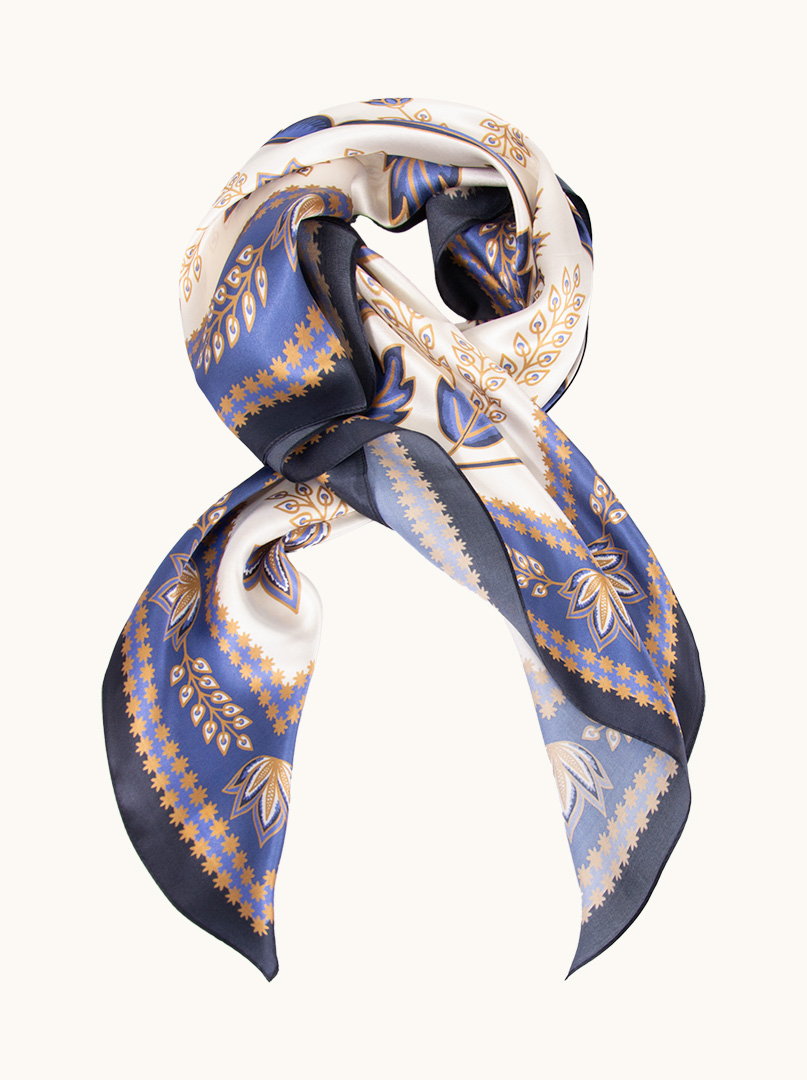 Large floral silk scarf navy blue and caramel 88x88 cm image 1
