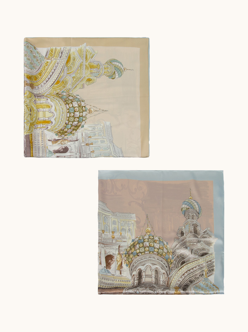  Large beige double-sided silk scarf with city motif 110cm x 110cm PREMIUM image 3