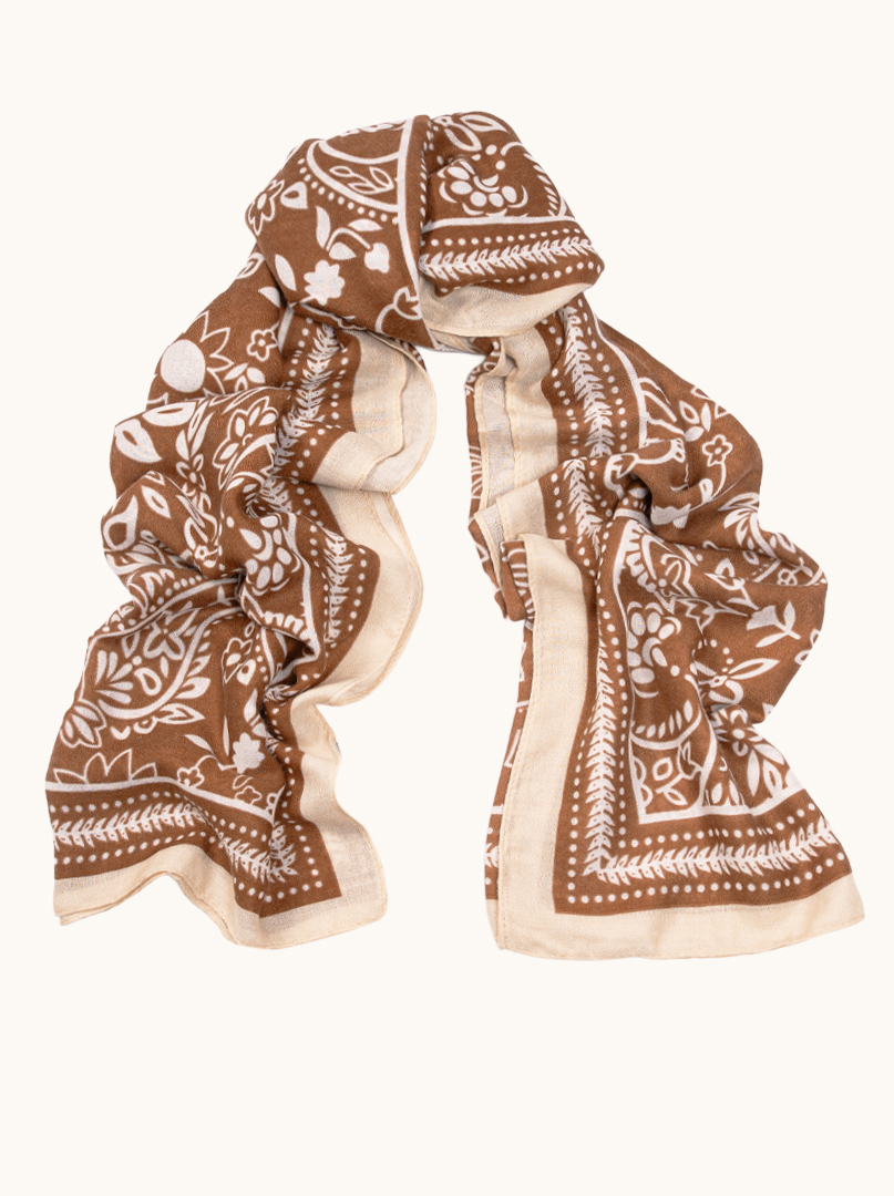Lightweight caramel scarf with paisley pattern, 100% viscose, 70x180 cm image 1