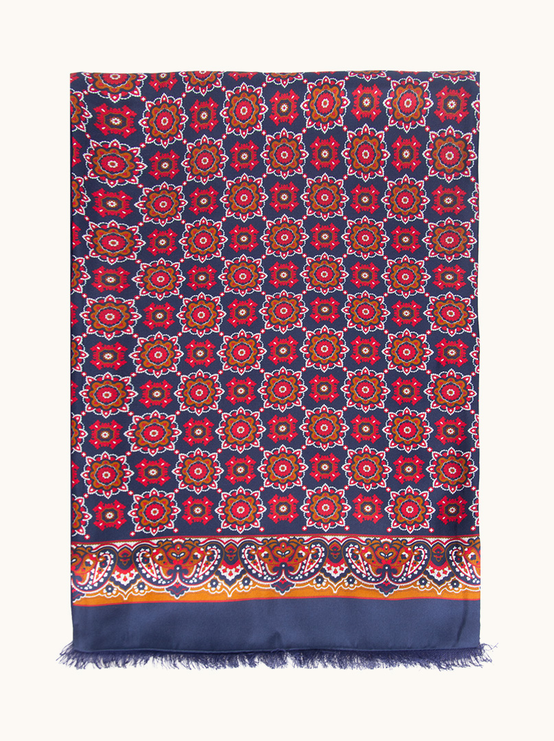 Exclusive men's navy blue patterned silk scarf 30 cm x 180 cm image 1