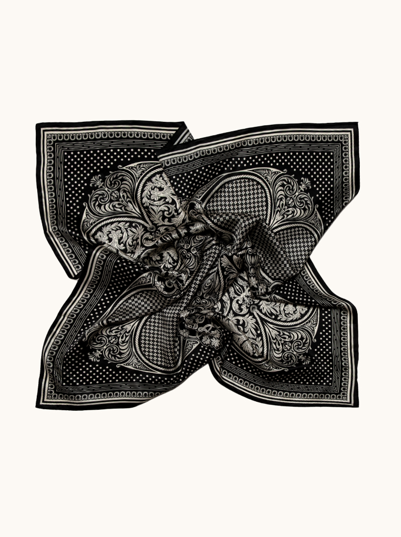 Large black silk scarf with a baroque pattern, 90 cm x 90 cm image 3