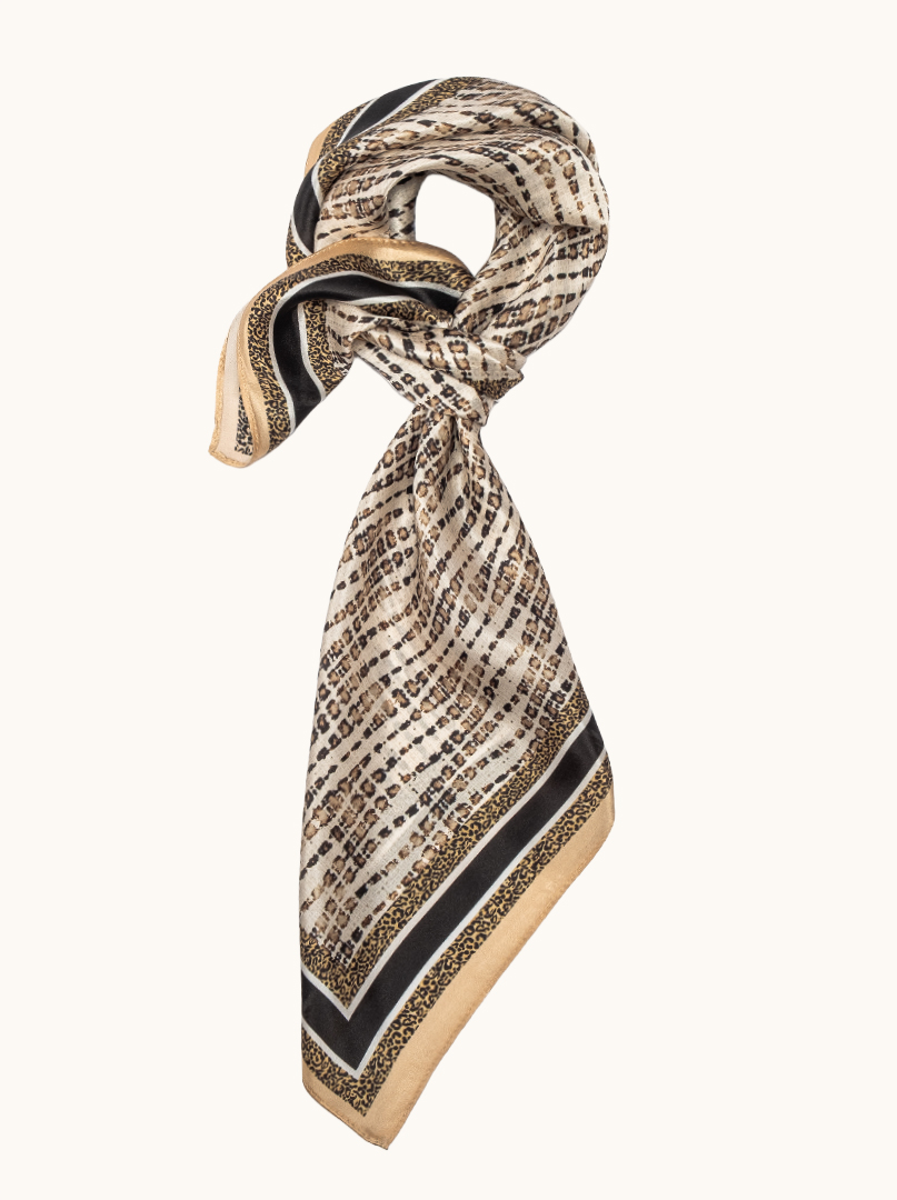 Black silk scarf with geometric patterns 68cm x 68cm image 1