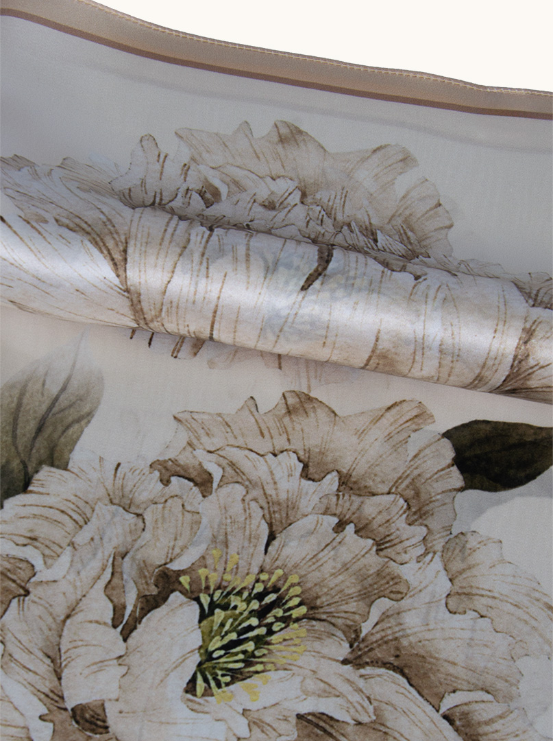 Beige silk gavroche with peony flower 53 cm x 53 cm image 3