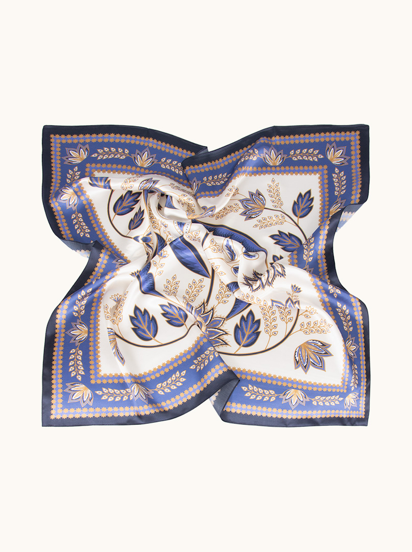 Large floral silk scarf navy blue and caramel 88x88 cm image 3
