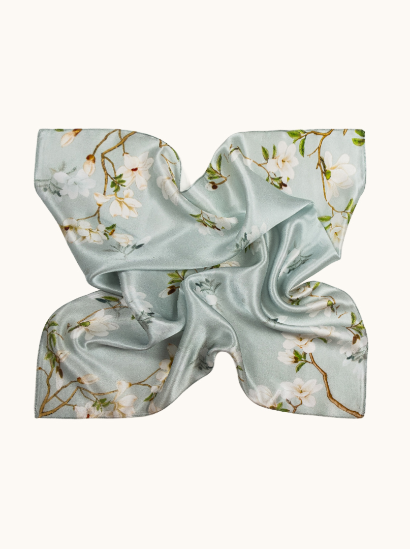 Silk scarf magnolias on celadon background 68cm x 68cm image 3