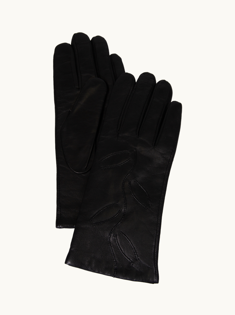 Black leather gloves with embroidered leaves image 1