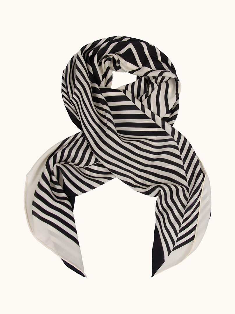 Black and white silk scarf with geometric patterns 110 cm x 110 cm image 1