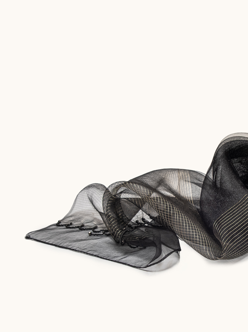 Black evening shawl with silk and wool decoration 70x190 cm image 3