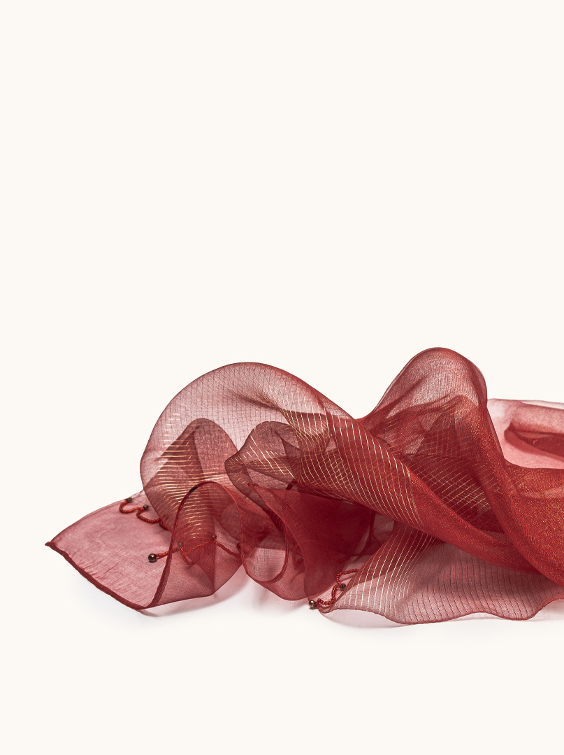 Red silk and wool evening scarf with ornaments 70x190 cm image 3