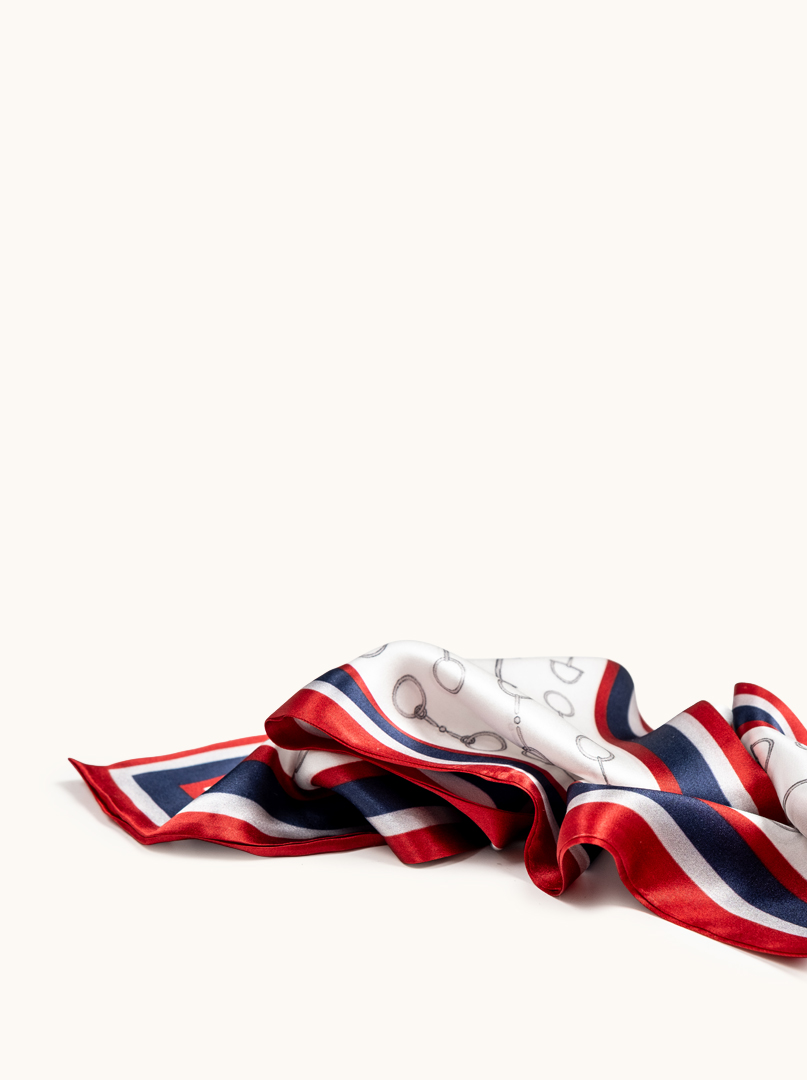 Equestrian style red and navy blue silk shawl with harness motif 16cm x 145cm image 4