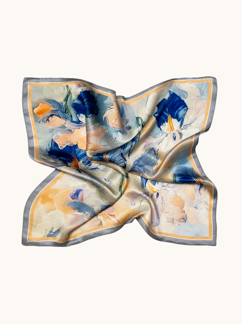 Small silk scarf for women with painted flowers, 53 cm x 53 cm image 3