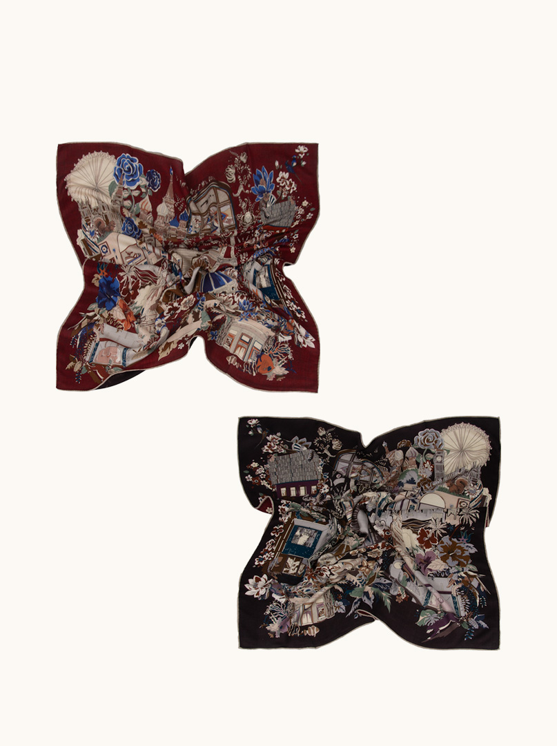 Two-sided wool-silk scarf black and maroon with motif of iconic cities of the world 88 cm x 88 cm image 2
