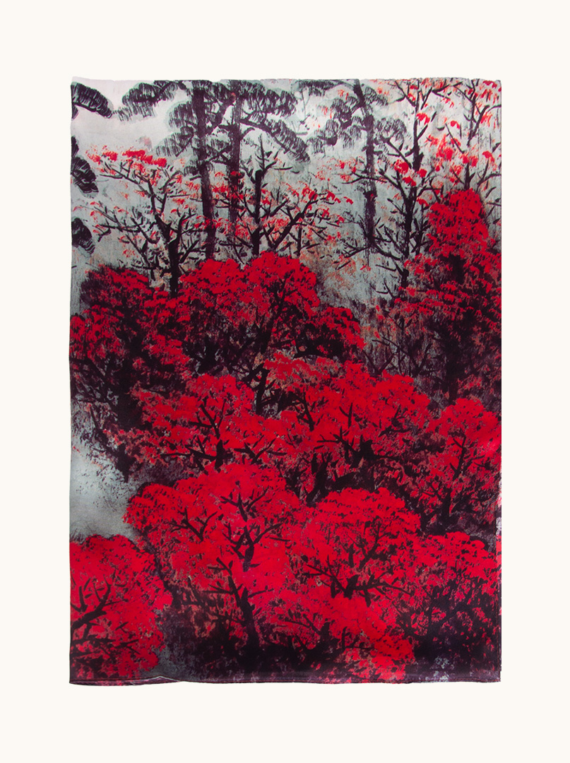 Grey-red silk scarf with forest motif 55cm x175cm image 2