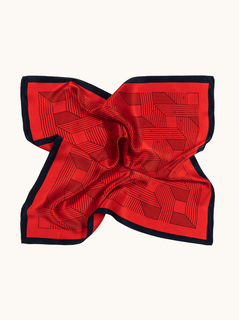 Small women's red silk scarf with geometric pattern 53cm x53cm image 3