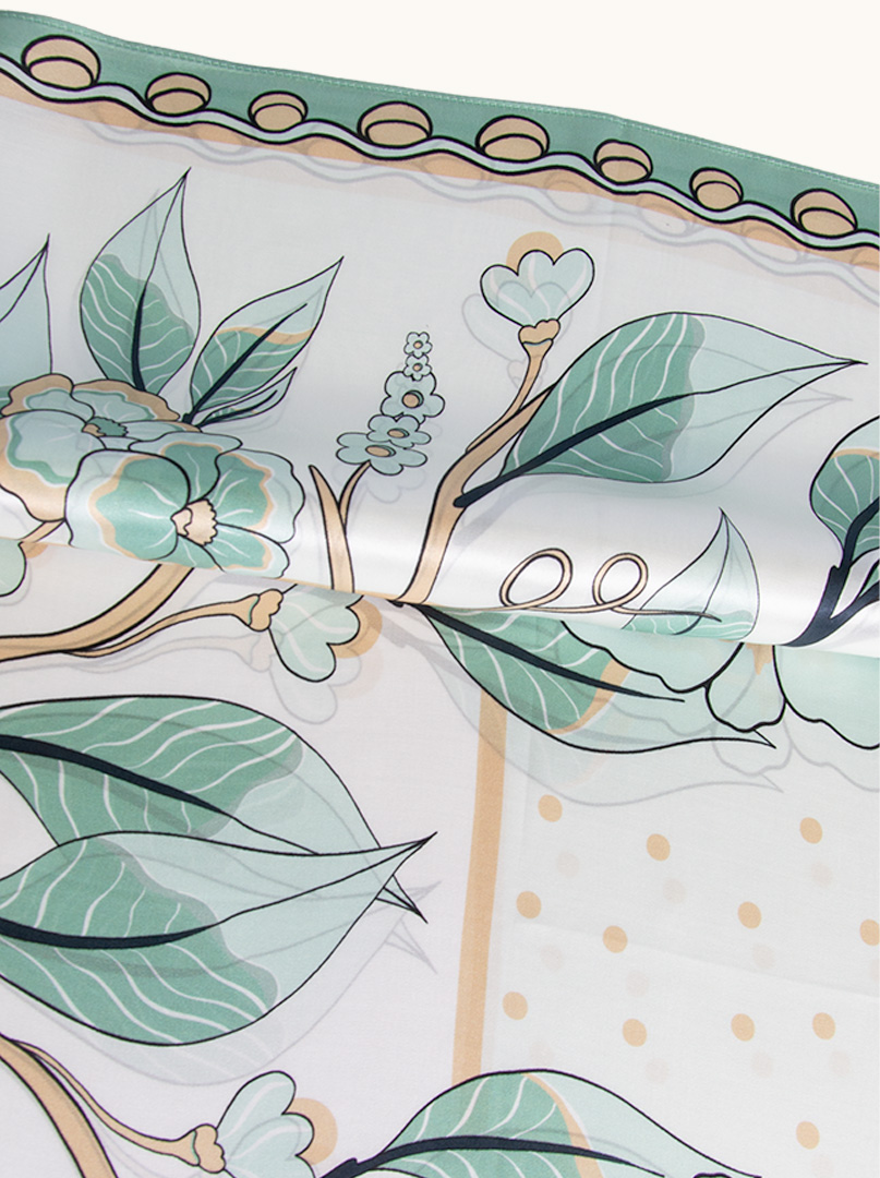 Large silk scarf with pattern of mint leaves and flowers 90cm x 90cm image 3