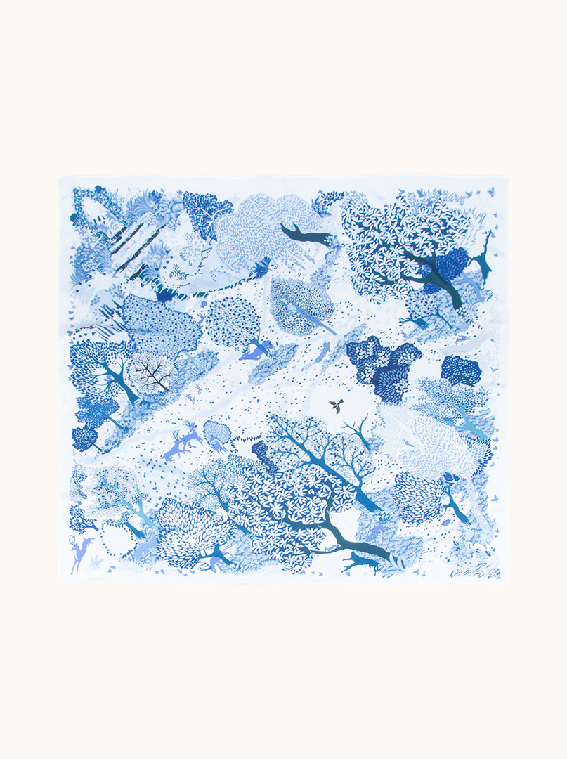 Medium blue mulberry silk scarf with forest motif 65cm x65cm image 2