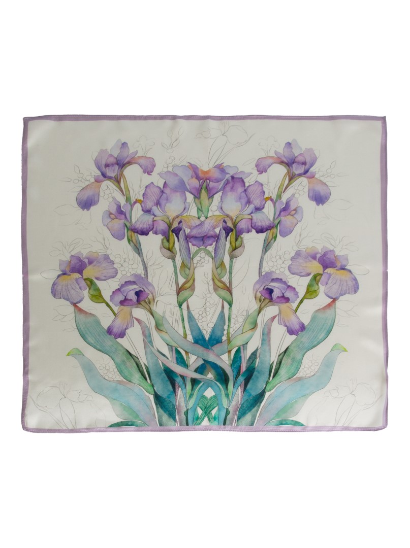 Medium elegant silk scarf in purple irises 68cm x 68cm image 1