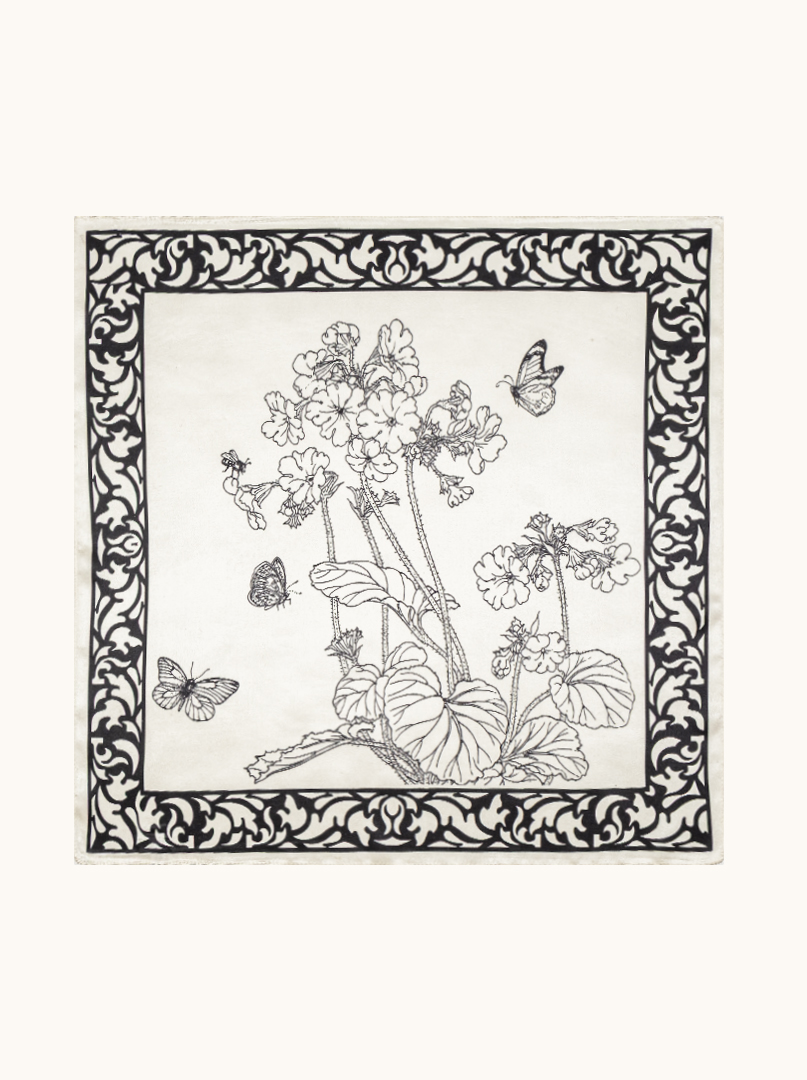 Small silk scarf in ivory shade with black ornament 53cm x53cm image 2