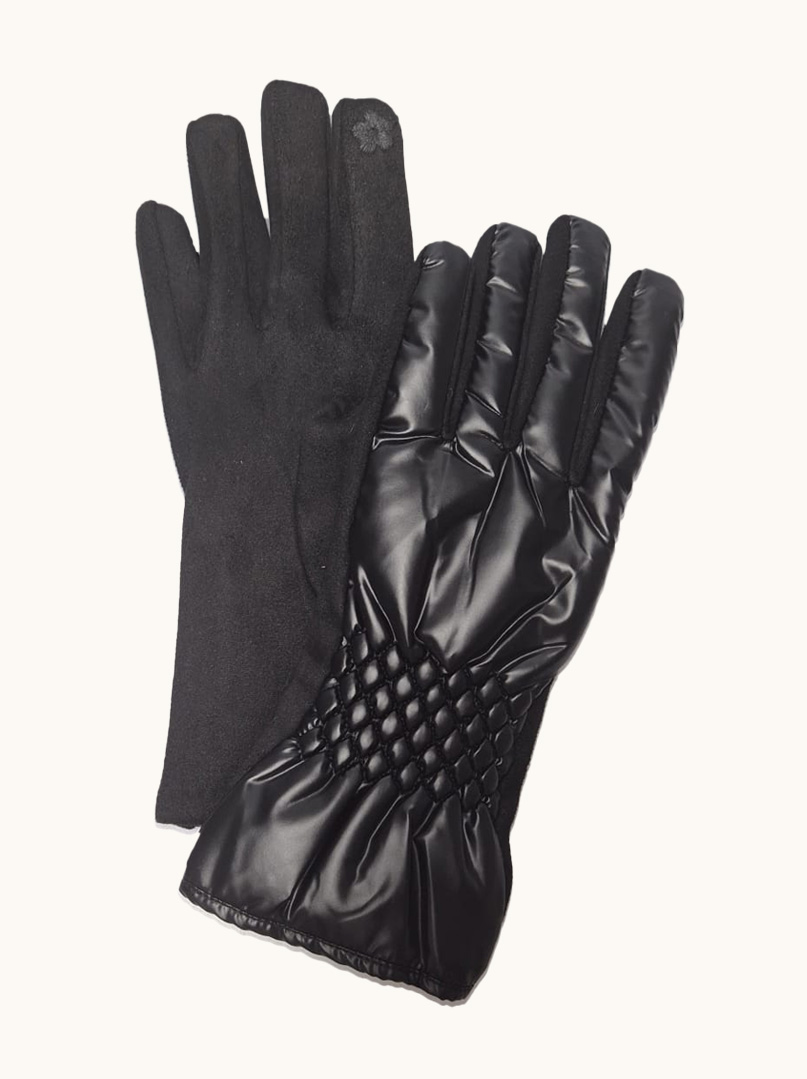 Women's knitted quilted gloves, shiny black image 1