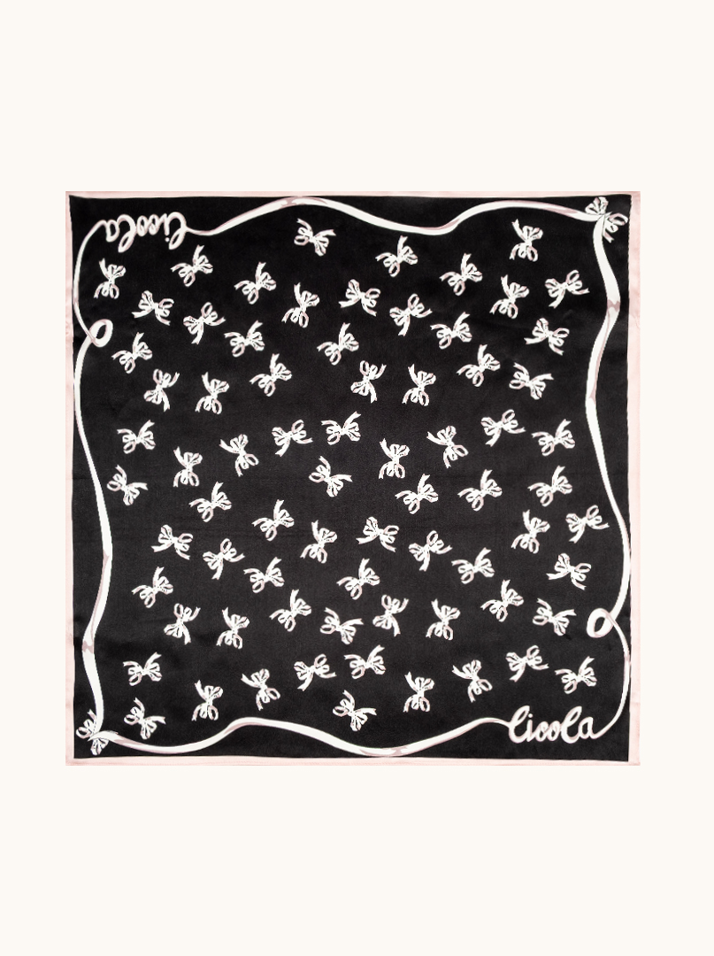 Silk scarf black elegance with a bow in the background 68cm x 68cm image 4