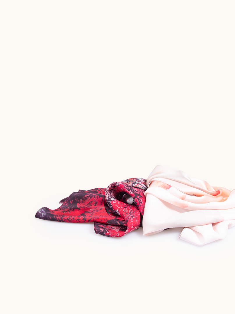 Grey-red silk scarf with forest motif 55cm x175cm image 4