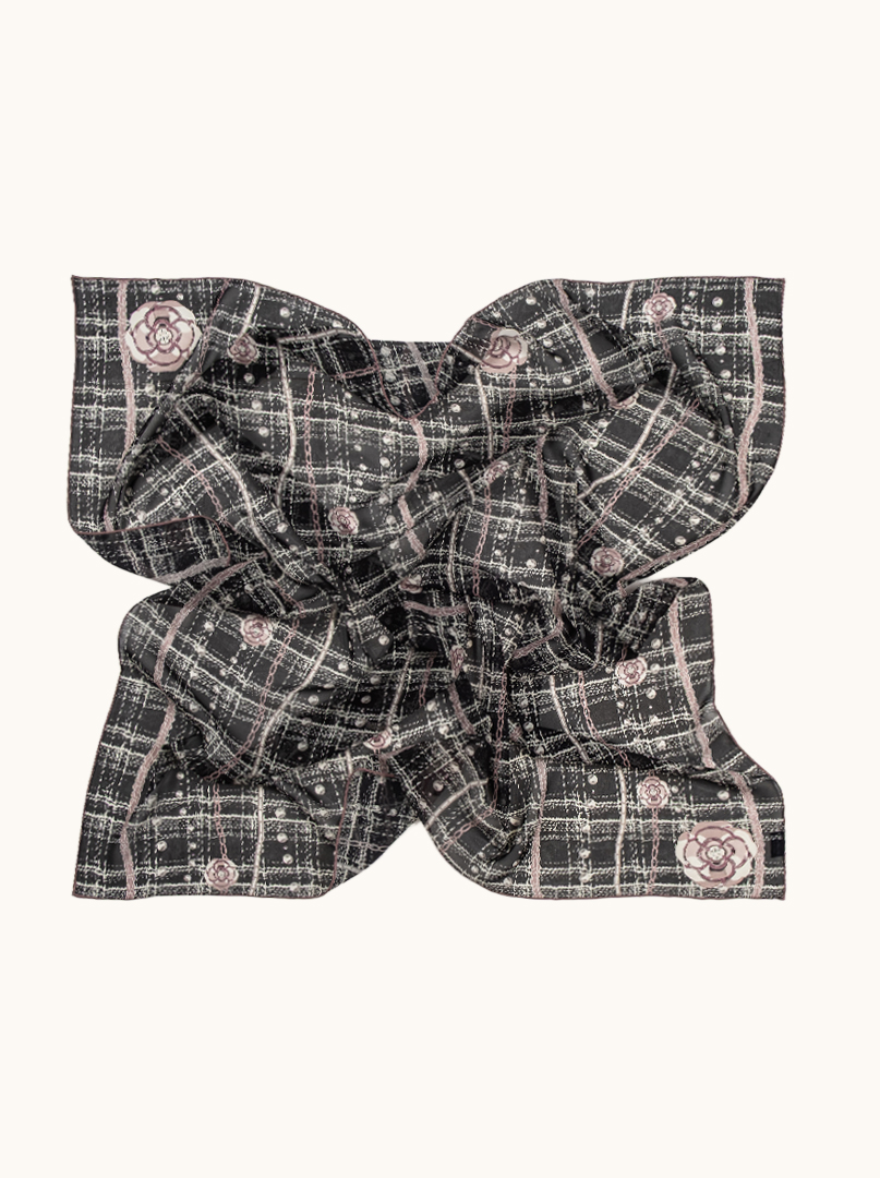 Large scarf silk mulberry check pearls roses on black 105 cm x110 cm image 3