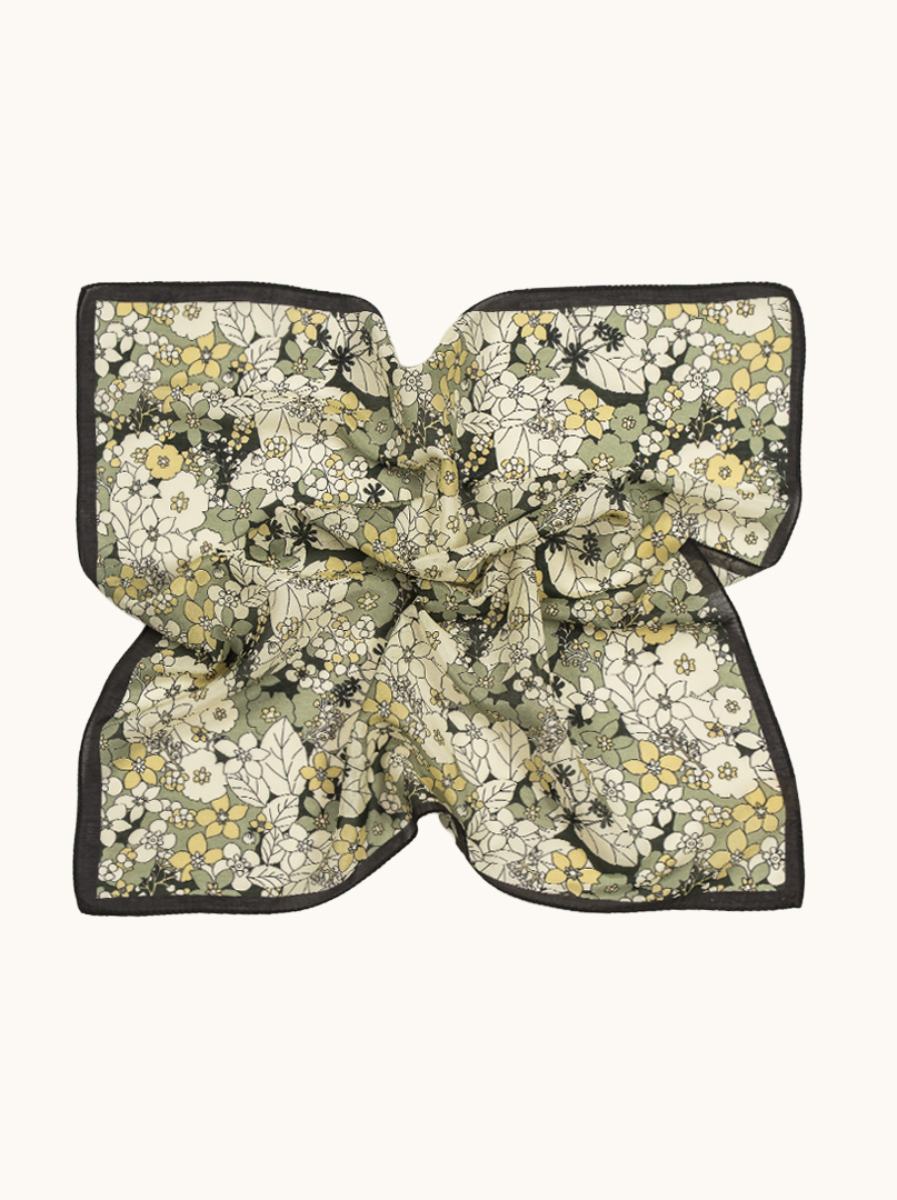 Small silk gavroshka scarf with floral pattern in olive yellow flowers 53cm x53cm image 3