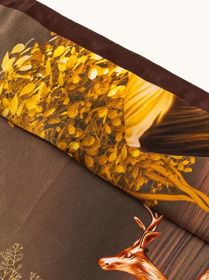 Silk scarf Golden Forest poetic landscape starring deer 68cm x 68cm image 4