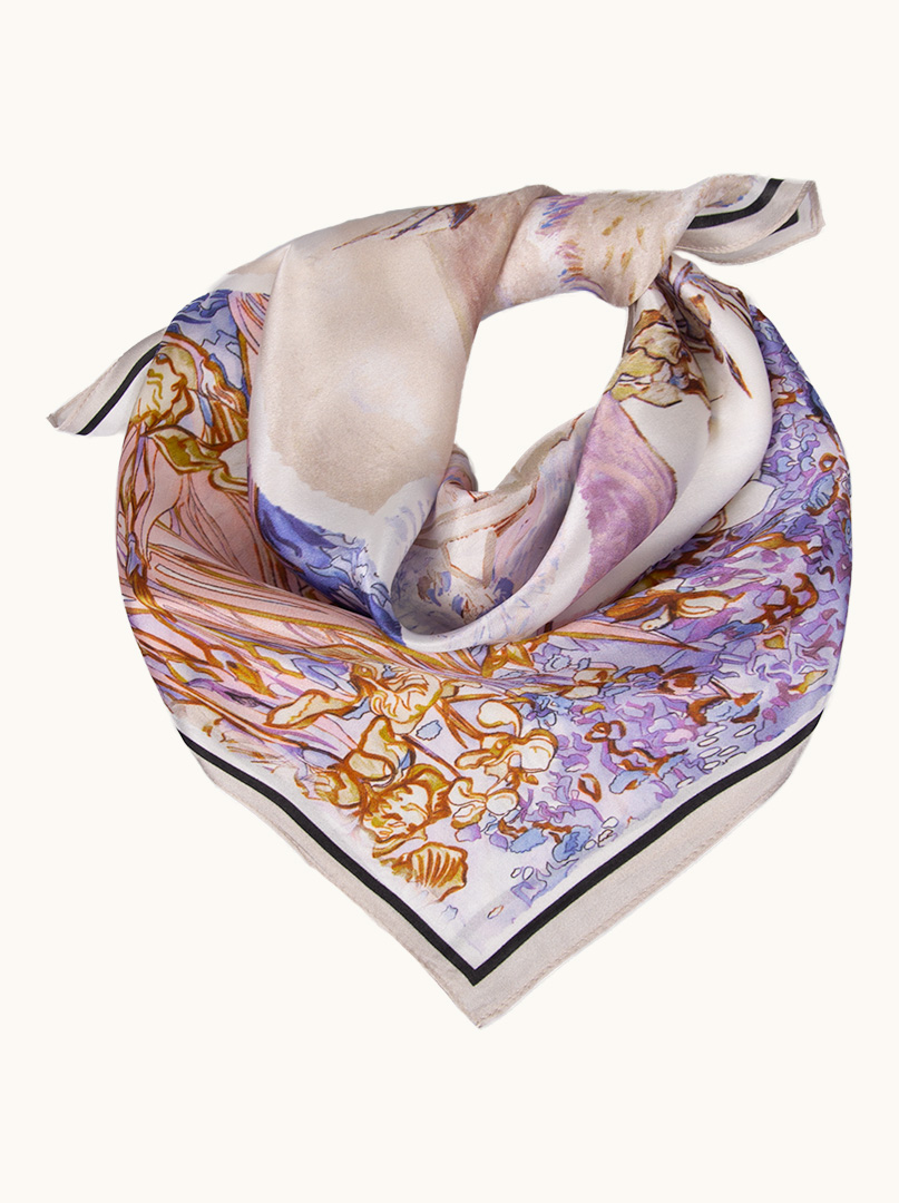Small women's silk gavroshka scarf with landscape motif 53cm x 53cm image 1