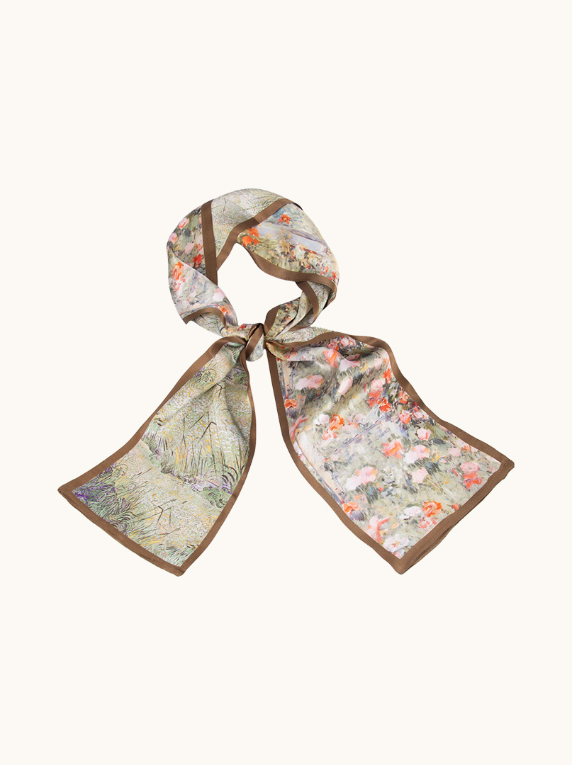 Double-sided narrow double silk shawl with painterly flowers 16cm x145cm image 1