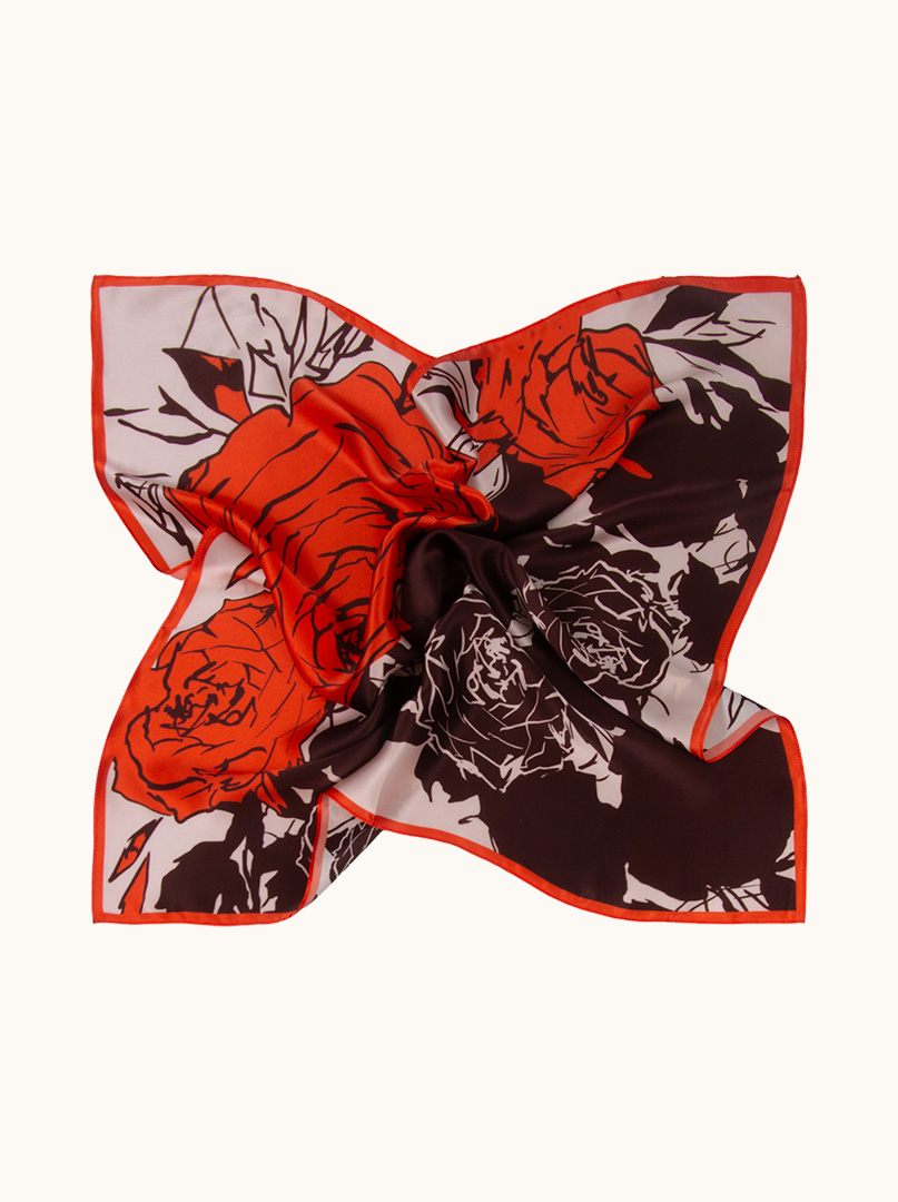 Red and brown silk scarf with rose motif 65 cm x 65 cm image 1