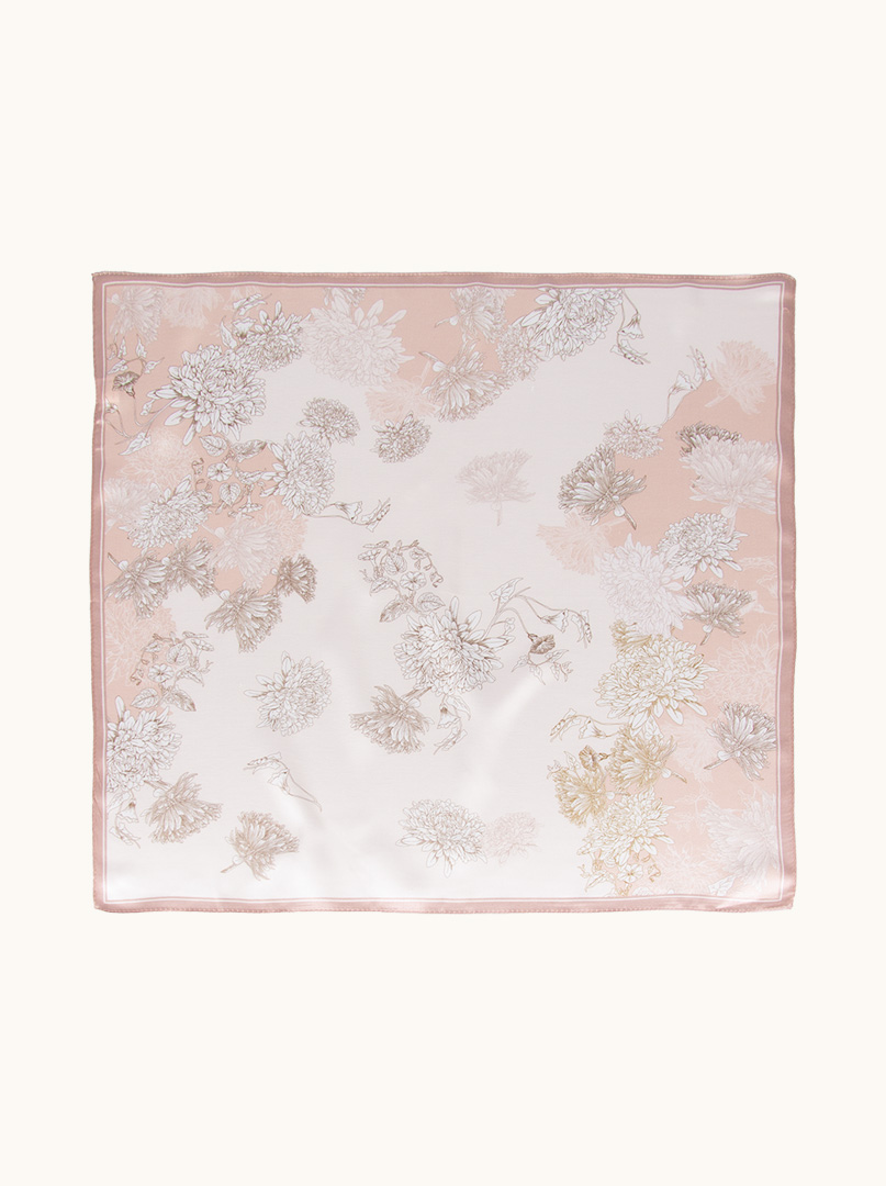 Small silk scarf gavroshka powder pink with delicate flowers 53cm x53cm image 2