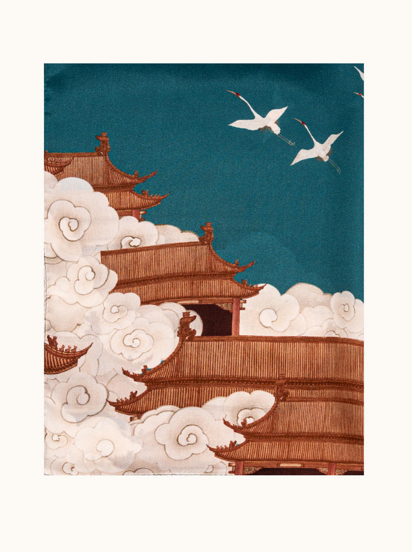 Large blue silk scarf with birds, 55x175 cm image 2