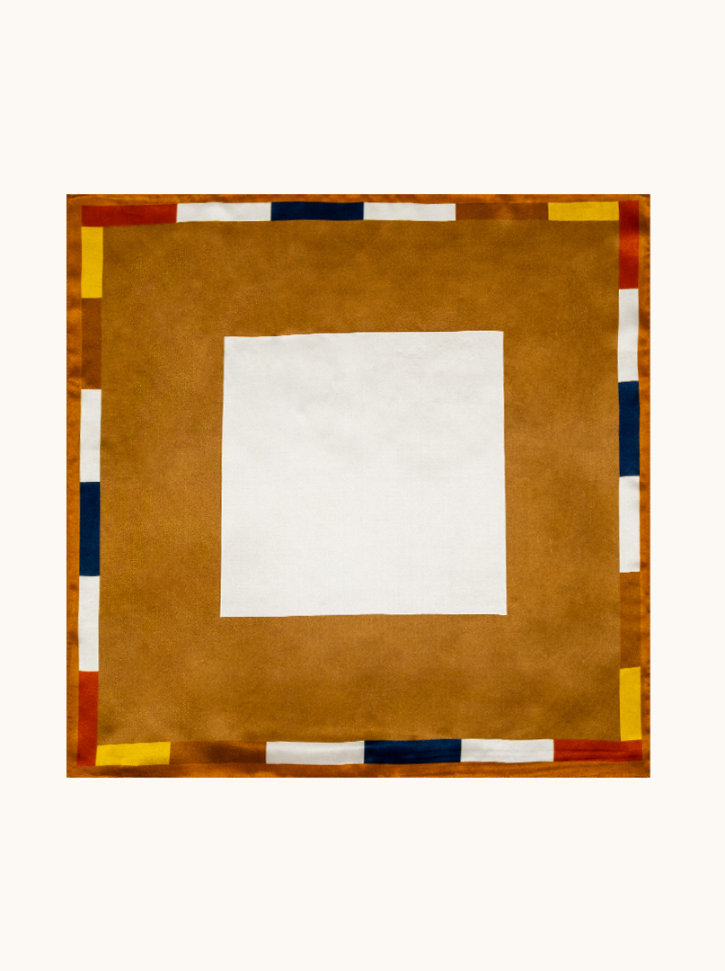 Small women's silk scarf in caramel shade with geometric frame, 53 cm x 53 cm image 2