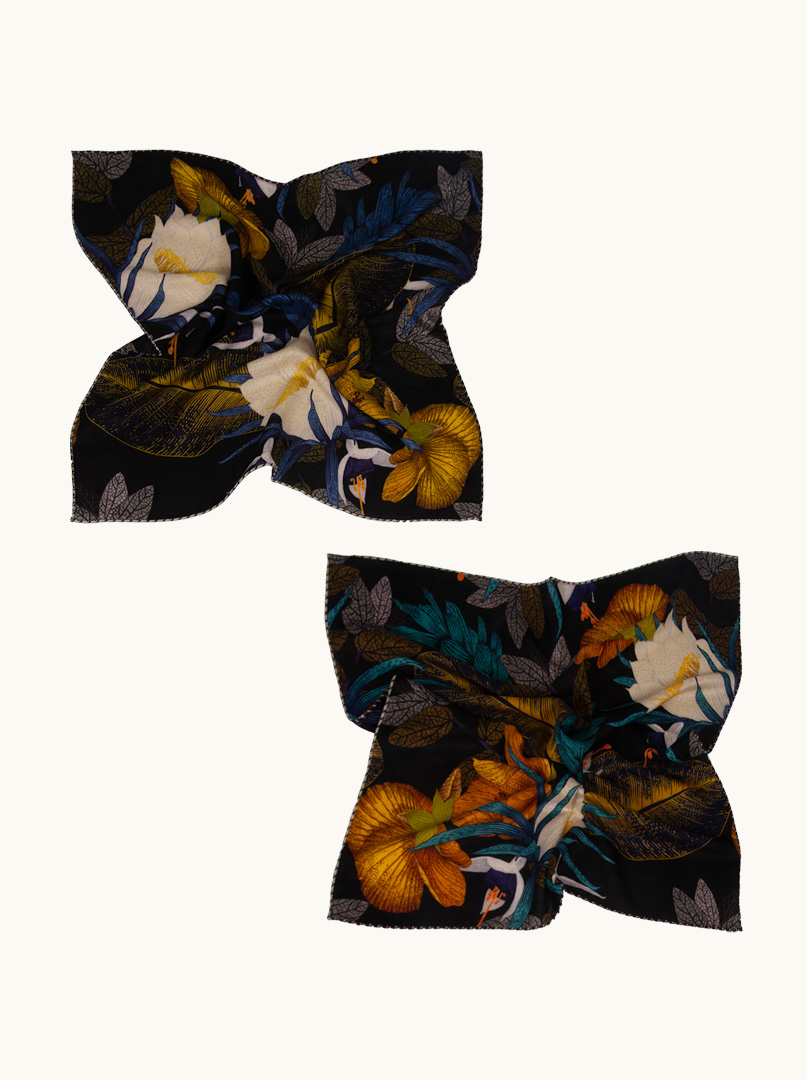 Two-sided scarf wool with silk on black background with floral motif 65 cm x 65 cm image 2