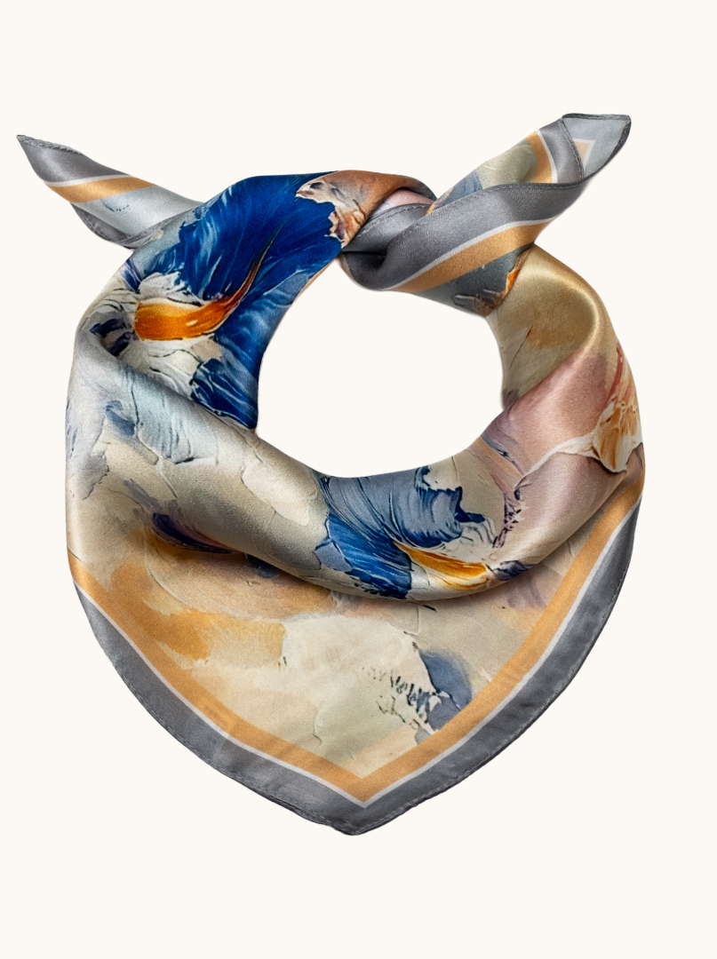 Small silk scarf for women with painted flowers, 53 cm x 53 cm image 1