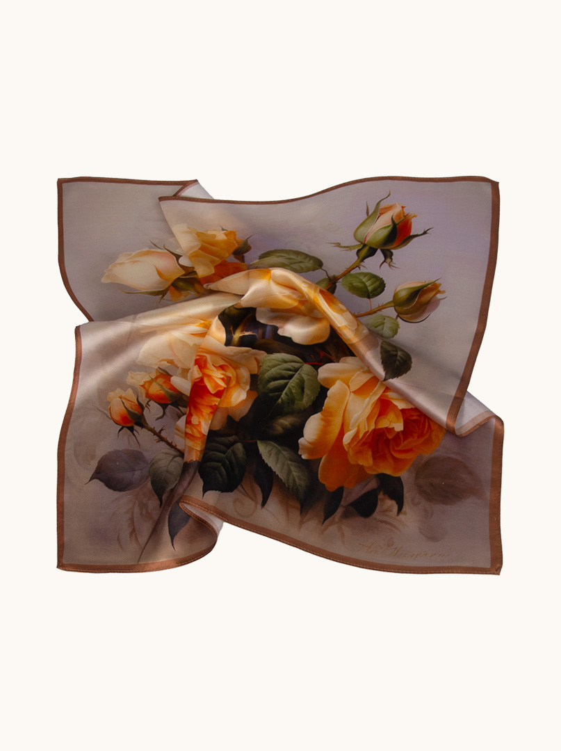 Silk gavroche with brown border and floral motif 53 cm x 53 cm image 3