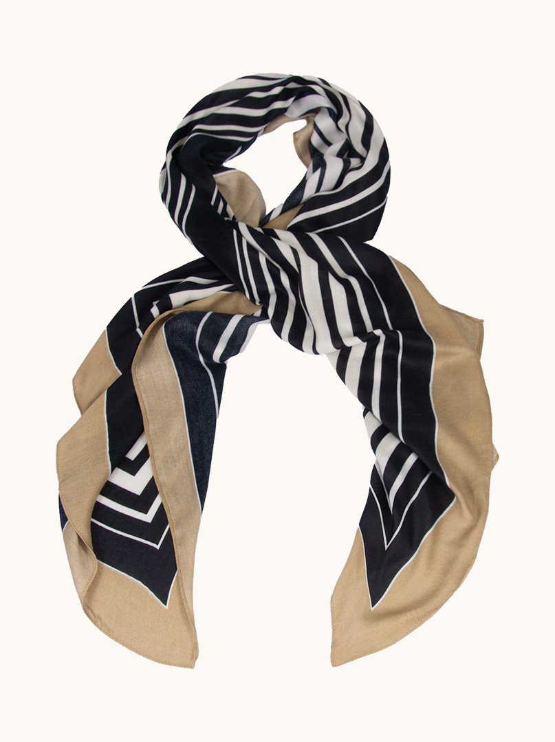 Light black and white scarf with beige border in a geometric pattern 65cm x 180cm image 1