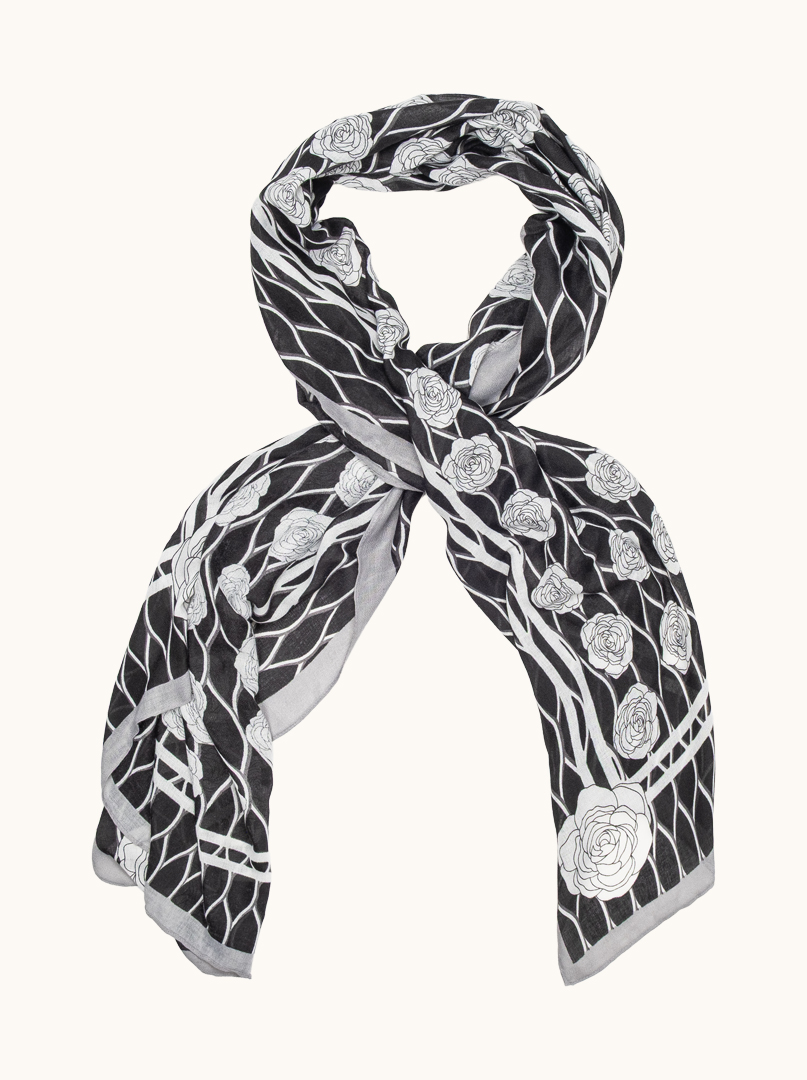 Lightweight 100% viscose shawl in black and white roses 70 cm x180 cm image 1