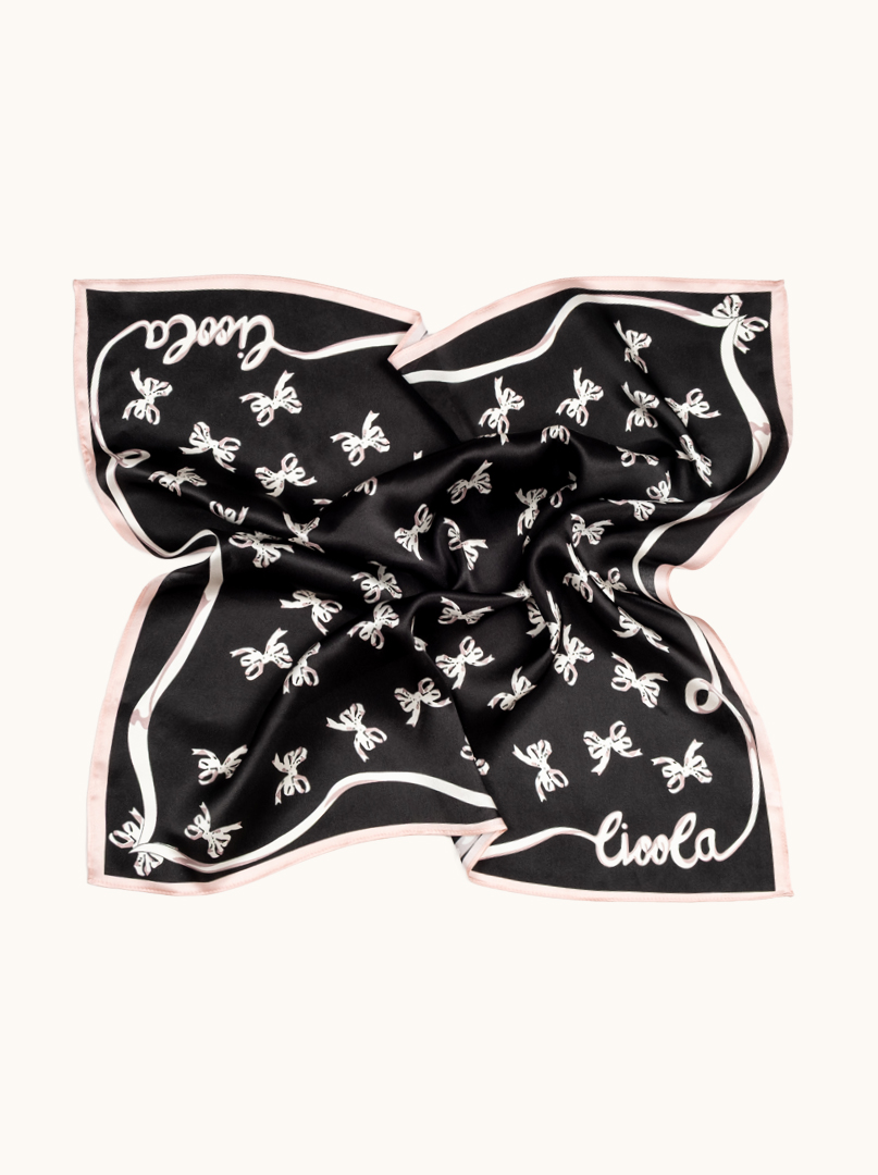 Silk scarf black elegance with a bow in the background 68cm x 68cm image 1