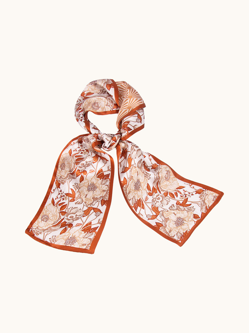 Double-sided narrow double silk shawl with beige flowers 16cm x145cm image 1