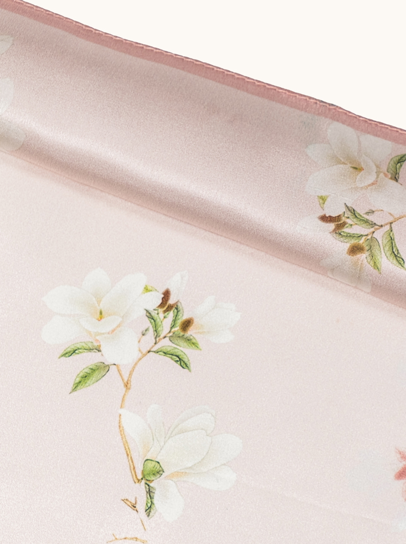 Small silk scarf in powder pink with blooming magnolia motif 53cm x53cm image 4