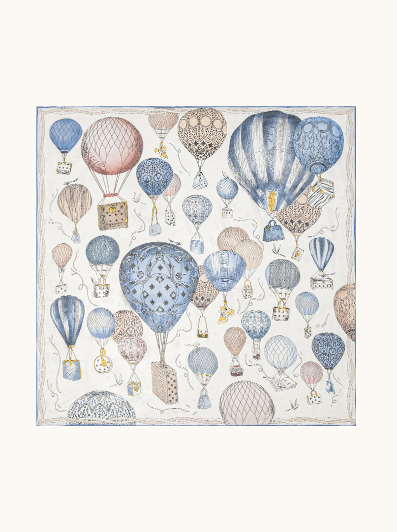 Medium blue silk scarf with balloons 65 cm x 65 cm image 1