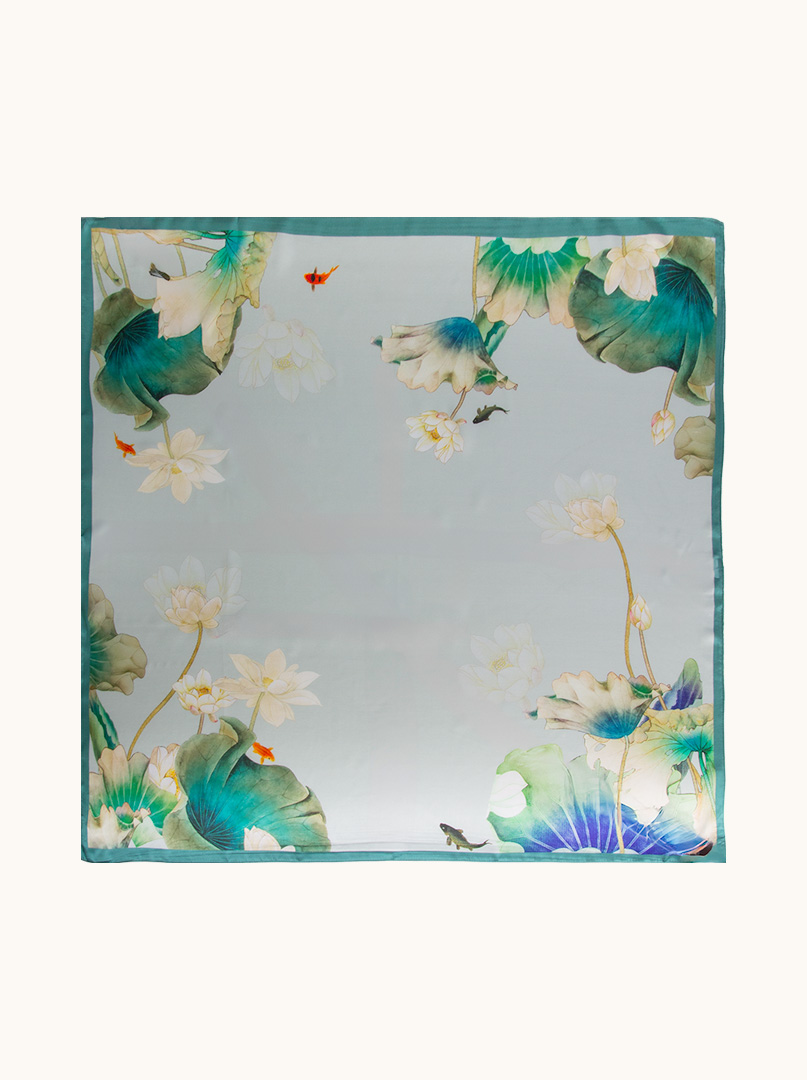 Large silk scarf in floral pattern - green with white flowers 90cm x 90cm image 2