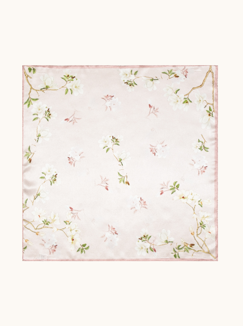 Small silk scarf in powder pink with blooming magnolia motif 53cm x53cm image 1