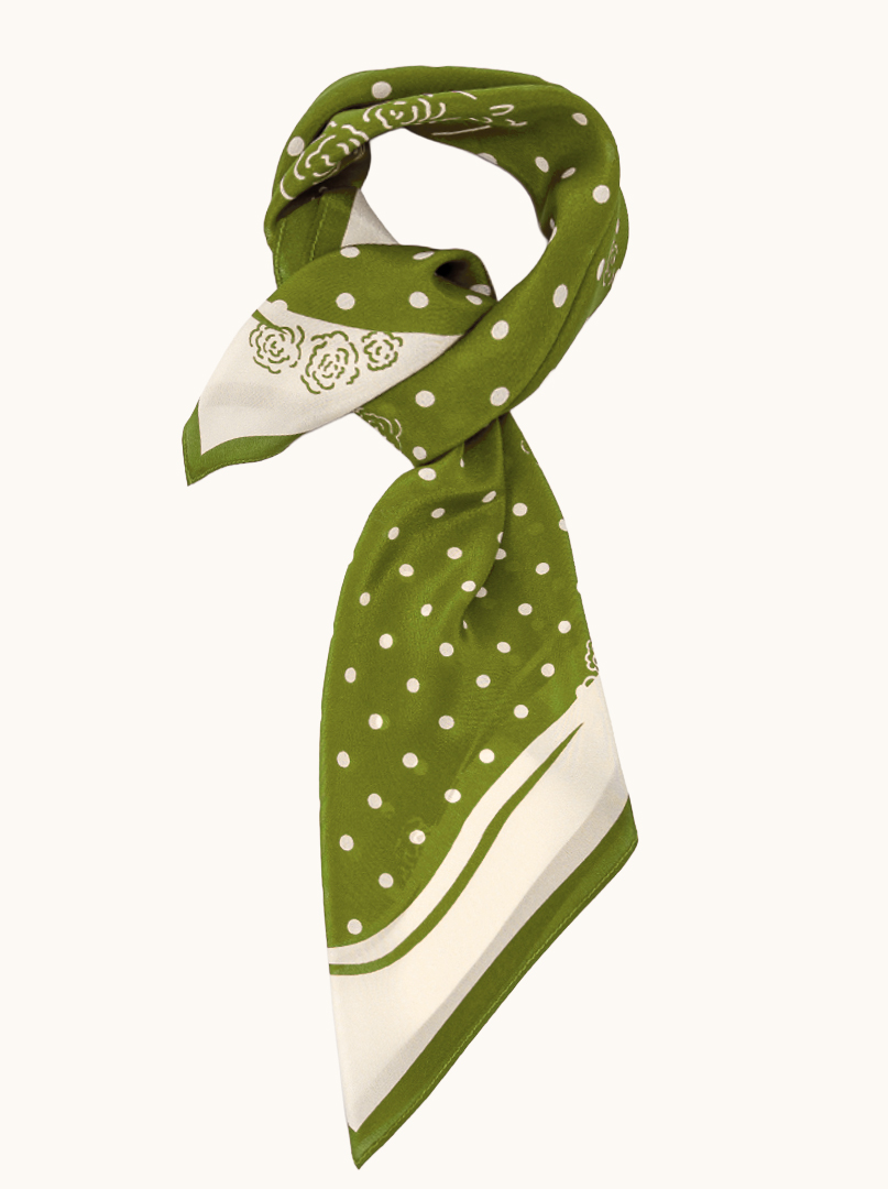 Green silk scarf with geometric patterns 68cm x 68cm image 1