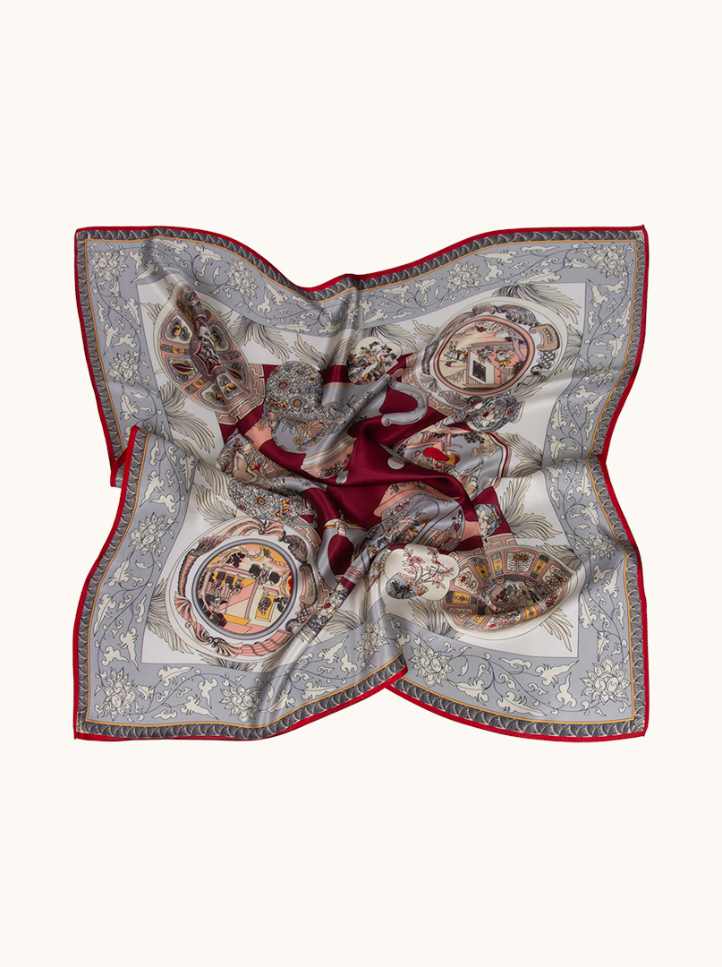 Silk scarf with red border with vase motif 86 cm x 86 cm image 2