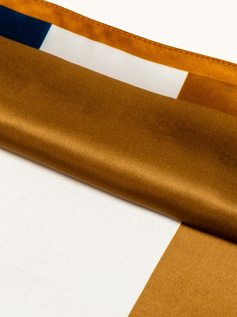 Small women's silk scarf in caramel shade with geometric frame, 53 cm x 53 cm image 4